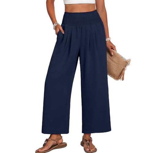 Lepunuo Womens Wide Leg Palazzo Pants High Waist Linen Boho Pant Flowy Spring Summer 2026 Beach Vacation Casual Trousers with Pockets Size Large A - Navy - Image 1