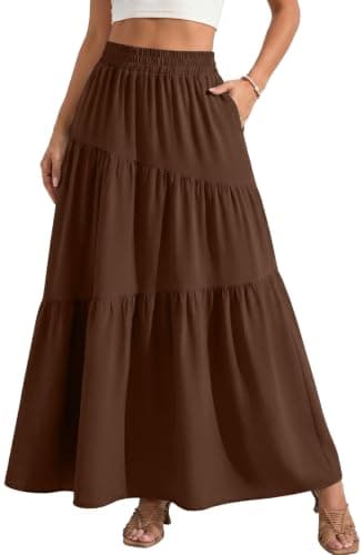 GRECERELLE Women's Floral Maxi Skirts Tiered A-Line High Waist Flowy Long Skirt Casual Summer Bohemian Dress with Pockets, Brown, L - Image 1