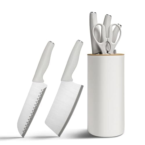Small Knife Block Set, Modern Kitchen Knife Scissors with Universal Round Holder, Home Apartment New Kitchen Essentials, Space Saving, Dishwasher Safe(Vanilla White, 5PCS) - Image 1