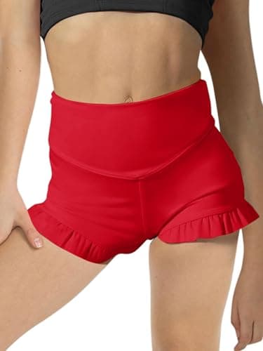 viehunt Girls High Waisted Athletic Yoga Dance Shorts Ruffle Cute Biker Gymnastics Workout Shorts Red