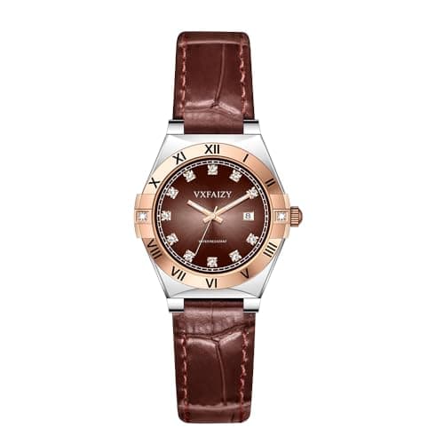 VXFAIZY Elegant Watch for Women with Crystal Markers and Genuine Leather Band Ladies Calendar Watch (Silver Brown) - Image 1