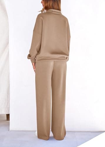 Lazysmile 2 Piece Sets For Women Lapel Half Zip Sweatshirt and Wide Leg Long Pants Sweatsuit Lounge Sets Workout Sets - Thumbnail 2