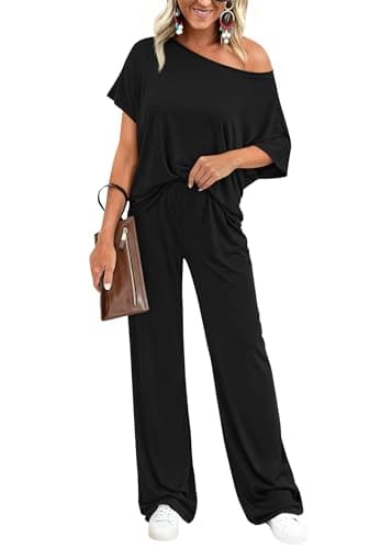 KIRUNDO Lounge Sets for Women Airport Travel Outfit 2026 Summer Off the Shoulder Tops Wide Leg Pants 2 Piece Matching Set(Black, X-Large) - Image 1