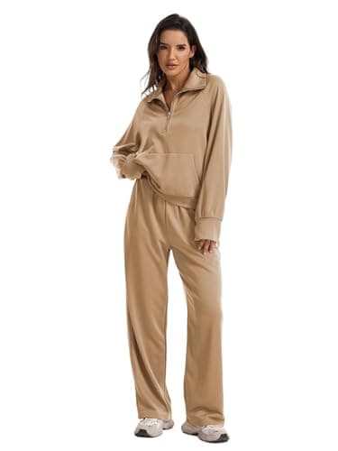 Anyshe Women's 2 Piece Sweatsuit Set Lounge Set Half Zip Sweatshirt with Kangaroo Pocket Thumb Holes Wide Leg Drawstring Pants Casual Tracksuit for Travel Daily Wear, Khaki, Medium - Thumbnail 4