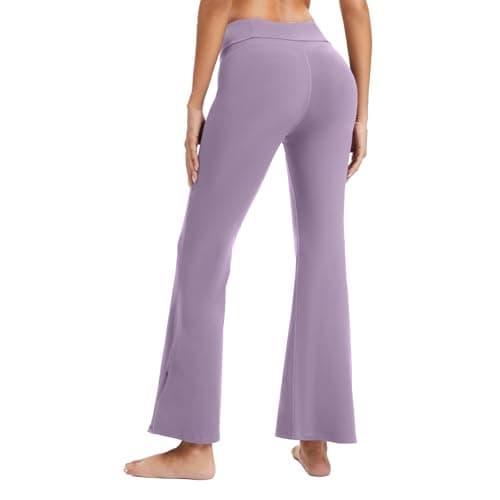 Women's High Waist Full-Length Flare Leggings with Side Slit - Tummy Control Butt Lifting Gym Yoga Pants (Purple, Large) - Thumbnail 2