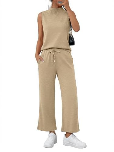 Casly Lamiit Womens Summer Outfits Mock Neck Sleeveless Top Wide Leg Cropped Pants Matching Set 2025 Fashion Clothing Airport Work Business Outfits Tracksuit Activewear Petite Khaki S