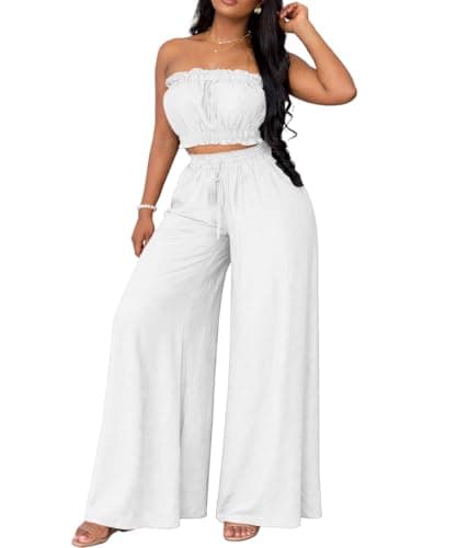 ABKY Two Piece Sets for Women Going Out Summer Off Shoulder Tube Top Palazzo Pants Set Vacation Birthday Party Date Night Outfits White 2XL - Image 1