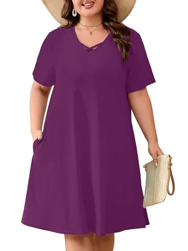 AusLook Plus Size Midi Dress for Women Purple 3X Short Sleeve V Neck Criss Cross A Line Summer Casual Vacation Dress T-Shirt 2026 Sundresses with Pockets - Image 1