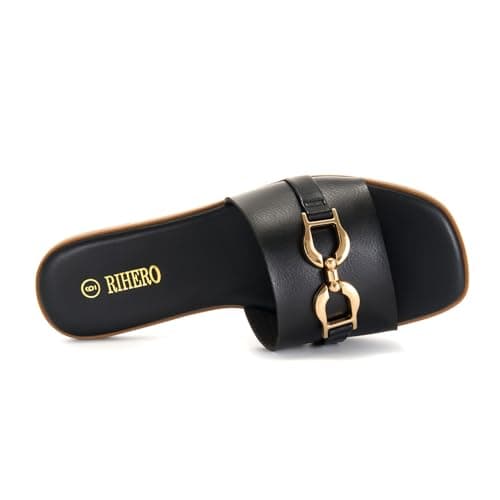 Rihero Black Flat Sandals for Women Summer Square Open Toe Slides Slip On Fashion Slide Sandals Wide Width Size 9.5 - Thumbnail 4
