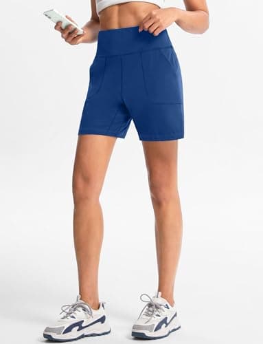 Cyasundent Women's Athletic Shorts with Zipper Pocket 6" High Waisted Bermuda Shorts for Women Workout Walking Running(Blue_XXXL) - Thumbnail 4