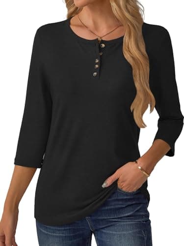 GKBK 3/4 Sleeve Womens Tops Fall Clothes Henley Casual Spring Summer Lightweight Basic Tunic Shirts Black - Thumbnail 6