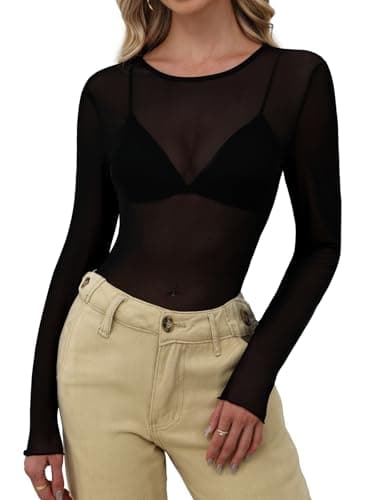 NORACORA Womens Mesh Long Sleeve Tops Crew Neck Sexy See Through Tee Dressy Casual Shirts Party Club Night Lace Blouse Western Wear Outfit Clothes Going Out Clothing Black XL - Image 1
