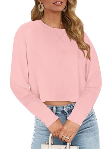 JINKESI Womens Long Sleeve Crewneck Cropped Sweatshirt Soft Loose Pullover Tops Fall Outfits Pink-XL - Image 1