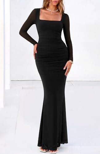 BTFBM Women's Maxi Dresses Fall 2026 Long Sleeve Ruched Bodycon Dress Square Neck Cocktail Party Wedding Guest Dresses(Black,X-Large) - Thumbnail 2