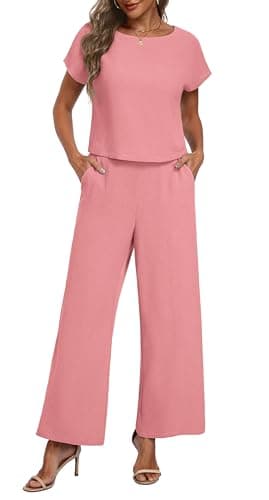 Lepunuo Women's Summer Two Piece Outfits Cap Sleeve Top and Casual Wide Leg Pants Summer Trendy Clothes - Image 1
