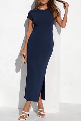 PRETTYGARDEN Womens Summer Dresses 2026 Casual Short Sleeve Crewneck Slit T Shirt Dress Spring Beach Vacation Sundress(Navy Blue,Medium) - Thumbnail 6