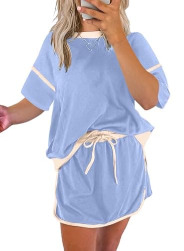 EVALESS Womens Skirt Sets 2 Piece Outfits Casual Short Sleeve Knit Pullover Tops and Elastic Waist Knit Mini Skirts 2026 Summer Spring Going Out Vacation Lounge Matching Set Sky Blue Large - Image 1