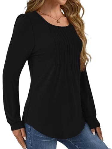 GKBK Women Long Sleeve Shirts Fall Tops Dressy Pleated Scooped Neck Tunic Tops for Leggings Black XXL - Thumbnail 3