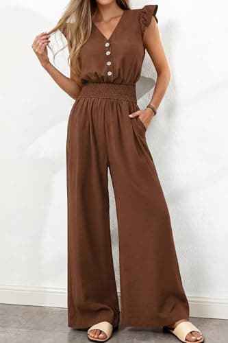 dowerme Women's Jumpsuits Dressy Casual 2026 Summer Ruffle Cap Sleeve V Neck Button Smocked Rompers Wide Leg Overalls(Brown,Large) - Thumbnail 3