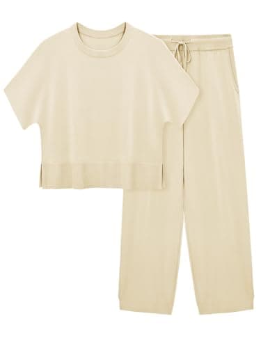 Fisoew Womens 2 Piece Outfits Sweater Sets Knit Split Crop Tops High Waisted Pants Lounge Set - Image 1