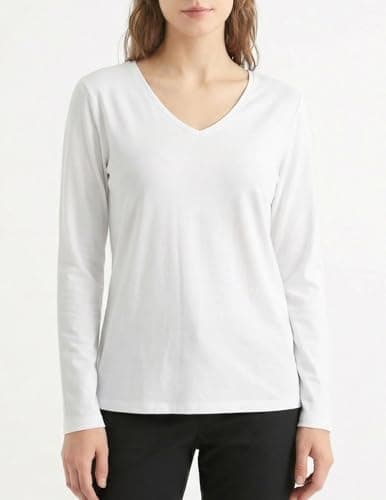 GAMISS Women's T Shirt Casual Underlayer Top V Neck Long Sleeve Basic Layering Tee White M - Thumbnail 2