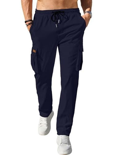 Comdecevis Men's Casual Cargo Pants Big and Tall Workout Joggers Stretch Baggy Sweatpants Hiking Drawstring Tactical Pants with Multi Pockets Blue - Thumbnail 2