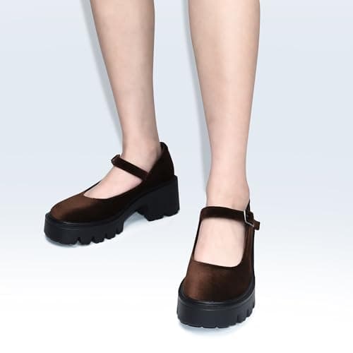 Elvora Women's Mary Jane Shoes - Platform Mary Janes for Women, Brown Velvet Round Toe Chunky Dress Shoes with Adjustable Ankle Strap - Thumbnail 6