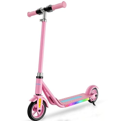 Electric Scooter for Kids Ages 6-12, 150W Hub Motor, Colorful Lights, LED Display, Dual Brake System, 4 Height Adjustable Electric Scooter, Best Gifts for Kids, Pink