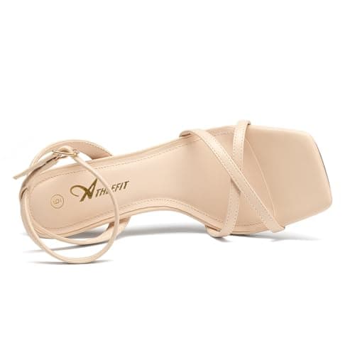 Athlefit Nude Kitten Heels for Women Strappy Square Open Toe Heeled Sandals Ankle Strap Summer Dressy High Heels for Prom Party Wedding Size 9.5 - Thumbnail 5