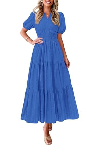 PRETTYGARDEN Womens Summer Maxi Dresses 2026 Casual Puff Sleeve V Neck Smocked Flowy Eyelet Cotton Dress Spring Sundress(Blue,Small) - Image 1