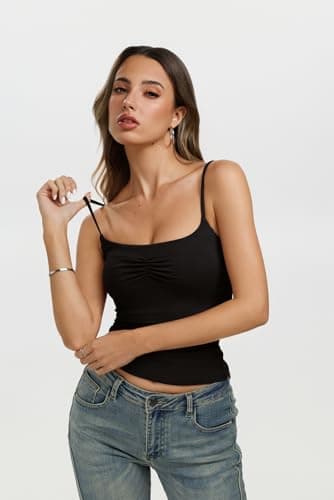 REORIA Womens Sexy Square Neck Tank Tops Adjustable Cami Tank Summer Basic Double Lined Sleeveless Shirts Y2K Trendy Going Out Tops, Black Large - Thumbnail 3