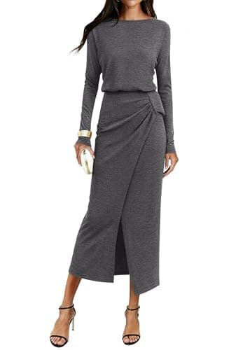 KIRUNDO Long Sleeve Dress for Women 2026 Spring Summer Boat Neck Cocktail Wedding Guest Knit Wrap Ruched Slit Maxi Dresses(Dark Grey, Medium) - Image 1