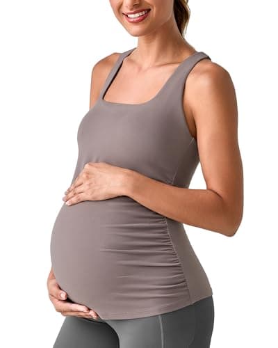 G4Free Maternity Athletic Tank Top Removable Padded Side Ruched Running Cami Tanks Slim Fit Sleeveless Pregnancy Loungewear(Taupe,XL) - Image 1