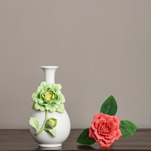 Handmade Pinched Flowers Ceramic Vase with One Ceramic Rose Flower, Home Decor Ceramic Vase for Dining Table, Living Room, Kitchen, Bedroom, Shelf, Office, Coffee Table, Restaurant & Fireplace Mantel - Image 1