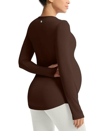 Mama Land Plus Size Maternity Tops Long Sleeve T-Shirts - Pregnancy Shirt for Casual Workout Lounge Everydaywear Blouse Workout Yoga Maternity Outfits (Toasted Brown XL) - Thumbnail 2