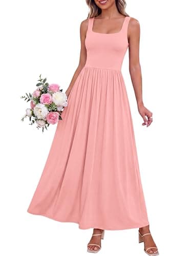 BTFBM Summer Dresses for Women 2026 Maxi Casual Square Neck Flowy Long Sundress Spring Wedding Guest Cocktail Dress(Pink, Small) - Image 1