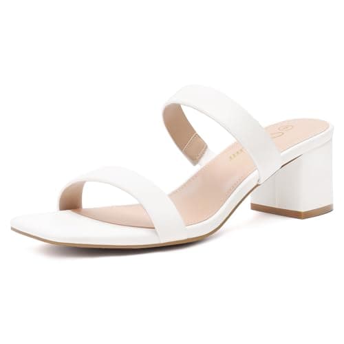 Athlefit White Heels for Women Summer Two Strap Peep Toe Sandals Ladies Slip On Comfy Low Block Heel Leather Sandals Size 5.5 - Image 1