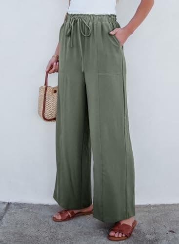 Dokotoo Wide Leg Pants Woman Palazzo Pants 2026 Drawstring Flowy Elastic Waist Petite Casual Dress Trousers Vacation Outfits with Pockets Beach Vacation Clothes,Olive XX-Large - Thumbnail 3