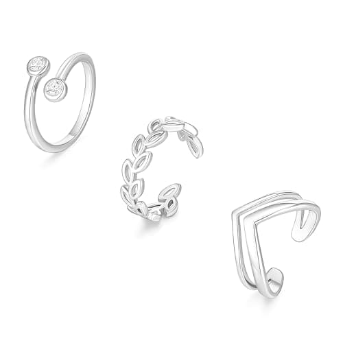 SHANTYSON 3PCS Sterling Silver Plated Toe Rings for Women Adjustable Toe Ring Set Cute CZ Leaf Double Band Open Toe Rings Hawaiian Beach Summer Foot Jewelry (A-Silver) - Image 1