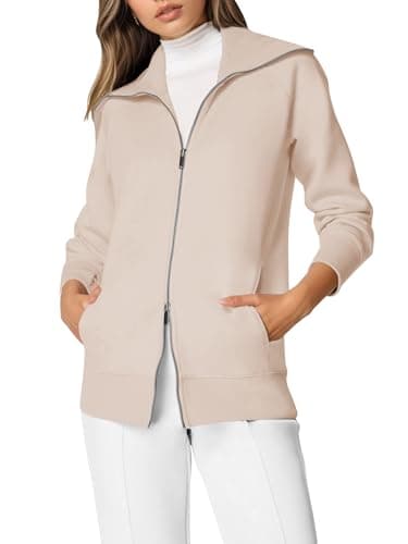 COCOMARTS Womens Crewneck Sweatshirts Zip Up Hoodies Casual Jacket with Pockets 2025 Fall Winter Fahsion Outfits Clothes Apricot Small - Image 1