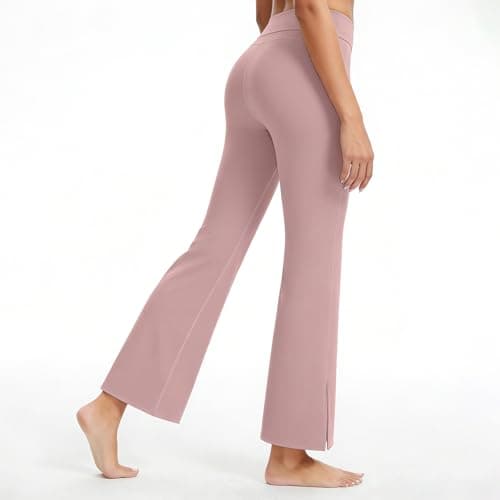 AMLEER Women's High Waist Full-Length Flare Leggings with Side Slit - Tummy Control Butt Lifting Gym Yoga Pants (Pink, X-Large) - Thumbnail 4