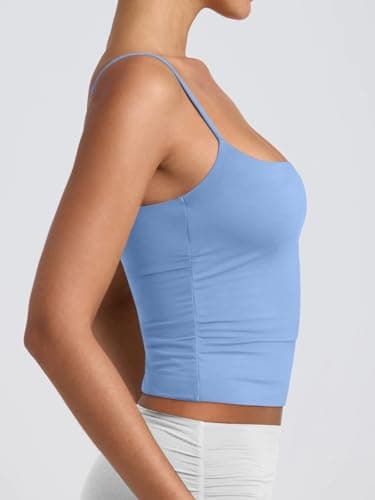 PINKMSTYLE Adjustable Spaghetti Strap Tank Top Double Iayer Seamless Camisole Tank Yoga Tops Sky Blue Large - Thumbnail 6