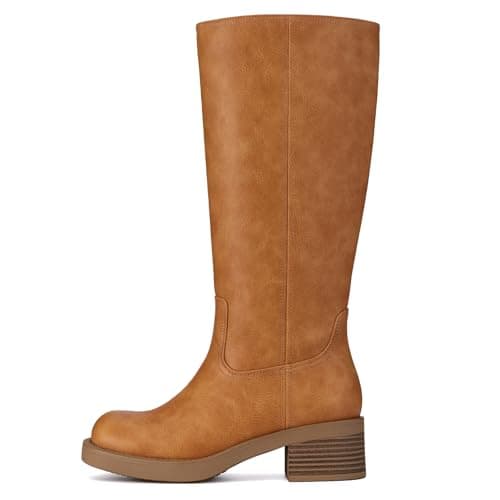 Athlefit Knee High Boots for Women Square Toe Chunky Heel Tall Riding Fall Boots Slip On Fashion Brown Booties - Thumbnail 4