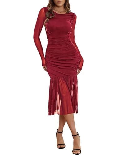 Pink Queen Women's 2026 Long Sleeve Bodycon Dress Mesh Slim Ruched Maxi Dresses Party Cocktail Burgundy L - Image 1