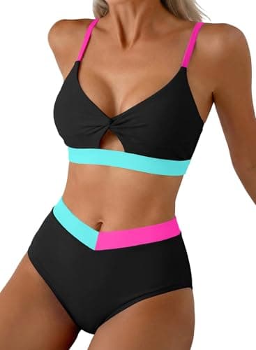 Herseas High Waisted Bikini Sets for Women Modest Two Piece Tummy Control Swimsuits V Neck Neon Color Block Bathing Suit Summer Beach Vacation Clothes Black X-Large - Image 1