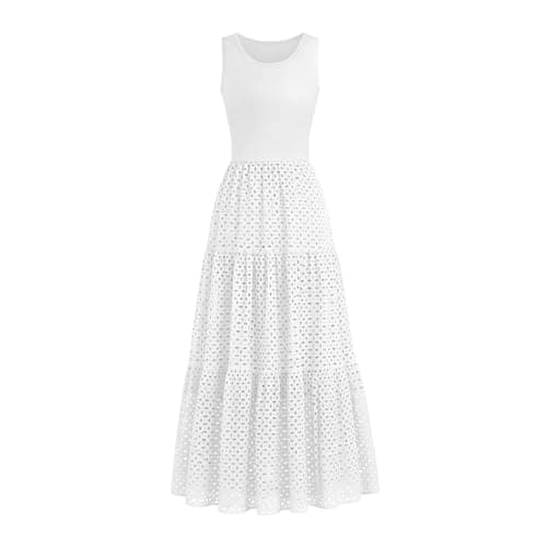 Lazysmile Womens Summer Dresses Crewneck Sleeveless A-Line Hollow Out Eyelet Tiered Tank Maxi Dress Sundress with Pockets White - Image 1