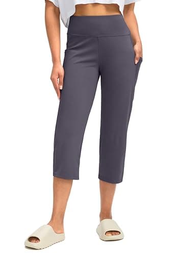 Capri Pants for Women High Waist Workout Yoga Pants with Pockets Tummy Control Leggings Crop Straight Pants(Purple,M) - Image 1