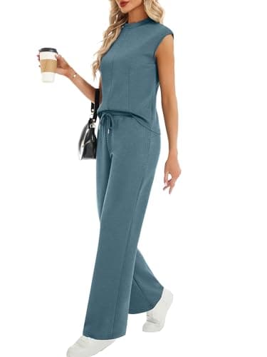 Casly Lamiit 2 Piece Sets for Women Summer Travel Outfits Casual Wide Leg Pants Short Sleeve Airport Lounge Sets Spring Clothes Storm Blue M - Thumbnail 3