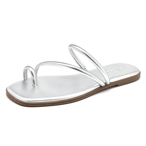 Rihero Flat Sandals for Women Square Toe Comfortable Slip On Summer Walking Thong Sandals Beach Flip Flops Taupe Size 8.5 - Image 1