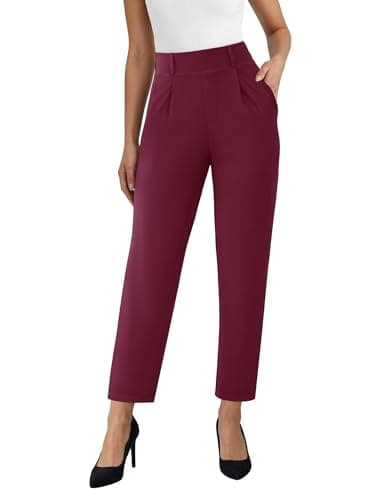AB-Eleven Straight Leg Womens Dress Pants for, Stretchy Work Office Pants Pull on Business Casual Slacks with Pockets Wine Red